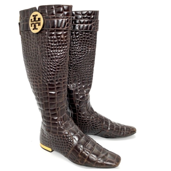 TORY Burch Croco Embossed Leather Knees-high Riding Boot in Brown - Picture 4 of 11